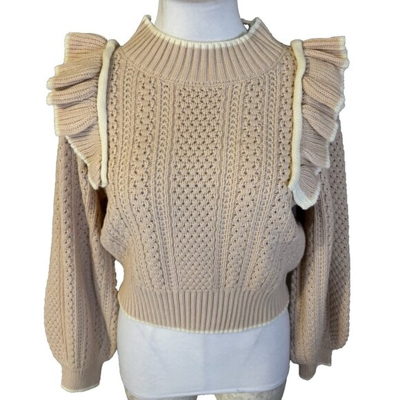 Mable Women's Sweater S Pink Cream Ruffle Trim Cable Knit - Picture 1 of 14